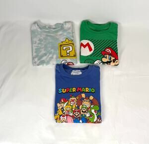 Super Mario Nintendo Boys T-Shirt Lot 3 Blue Green Tie Dye Graphic Tees Mixed